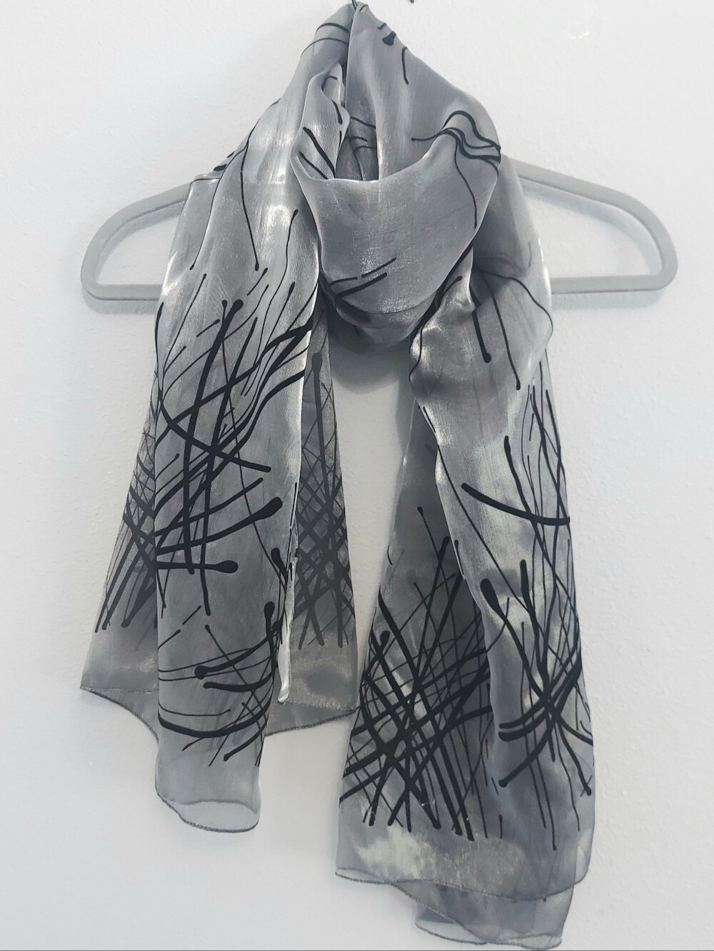 Art Of The Scarf Tie Rack Sheer Metallic Grey Scarf With Velvet Abstract Decor